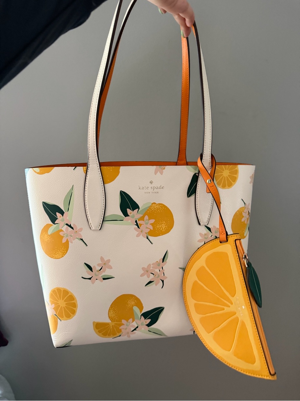 kate spade white tote with yellow citrus print and orange slice pouch